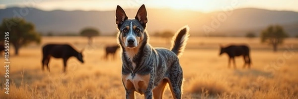 Fototapeta Australian Cattle Dog gazes intently as golden sunset blankets the outback landscape with grazing cattle in the background