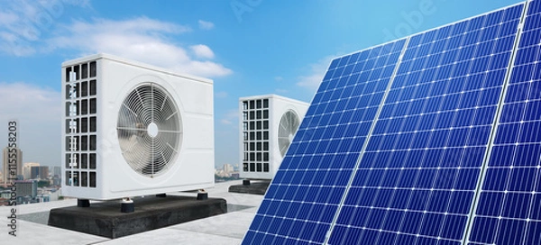 Fototapeta Electricity from solar panels for air conditioners for homes or residences. Save electricity bills with renewable energy from sunlight. Reduce global warming and be environmentally friendly.