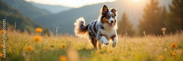 Fototapeta Australian Shepherd joyfully runs through golden meadow at sunset mountains painting the backdrop with light and a symphony of happiness