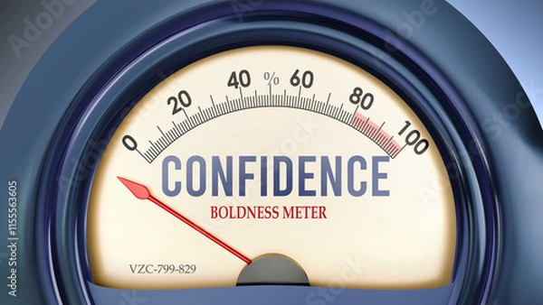 Fototapeta Confidence and Boldness Meter that hits less than zero, showing an extremely low level of confidence, none of it, insufficient. Minimum value, below the norm. Lack of confidence. ,3d illustration