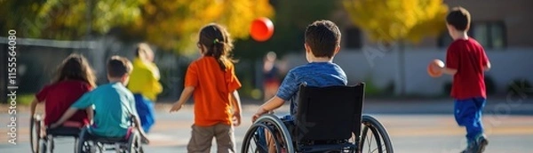 Fototapeta Inclusive Schoolyard Scene with Children of All Abilities Playing Together in Adaptive Sports Activity