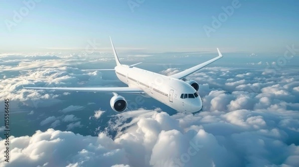 Fototapeta A peaceful minimalistic aerial shot of an airplane soaring above white clouds