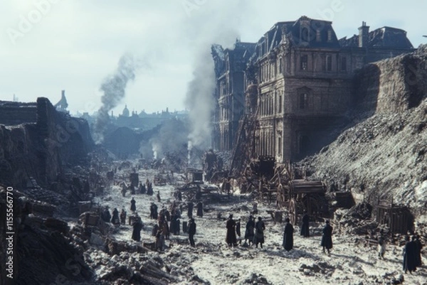 Fototapeta A historical scene of the Industrial Revolution with workers operating steam-powered machinery in a smoky factory setting