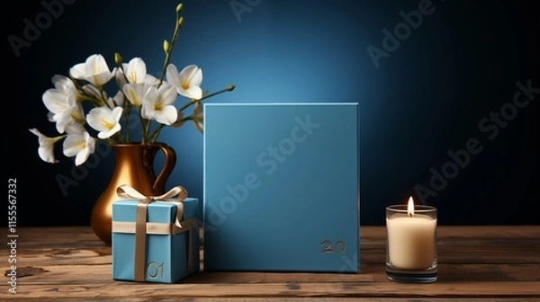 Fototapeta Wooden gift box with an empty card mockup alongside a closed gift box in blue solid background style