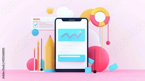 Fototapeta business plan 2025 and strategy concept. Colorful smartphone mockup displaying analytics data, surrounded by design elements.