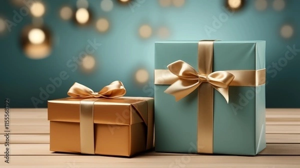 Fototapeta Wooden gift box with an empty card mockup alongside a closed gift box with blue background