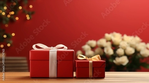 Fototapeta Wooden gift box with an empty card mockup alongside a closed gift box with solid red background