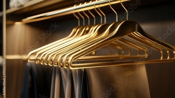 Fototapeta A luxurious wardrobe setup with golden hangers hanging neatly on a polished brass rail.