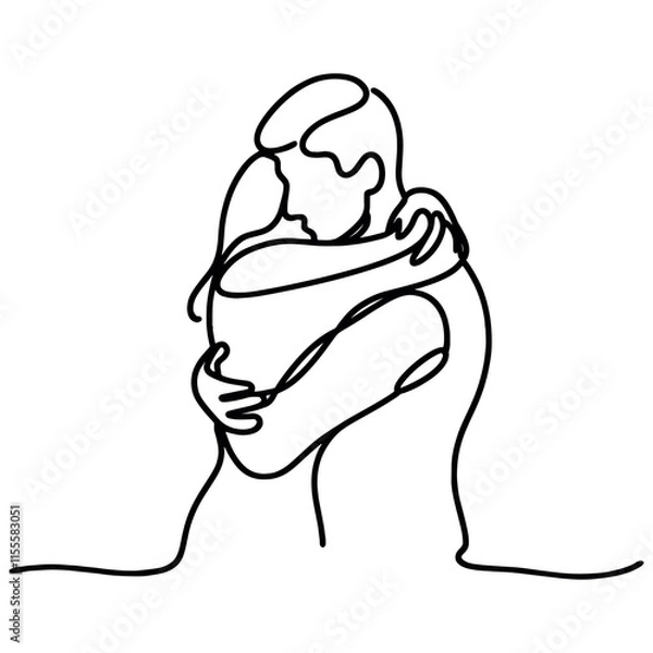 Fototapeta People embracing in continuous line art drawing style. One person giving the shoulder to another. Support and backing. Minimalist black linear sketch isolated on white background. Vector illustration