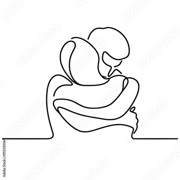 Fototapeta People embracing in continuous line art drawing style. One person giving the shoulder to another. Support and backing. Minimalist black linear sketch isolated on white background. Vector illustration