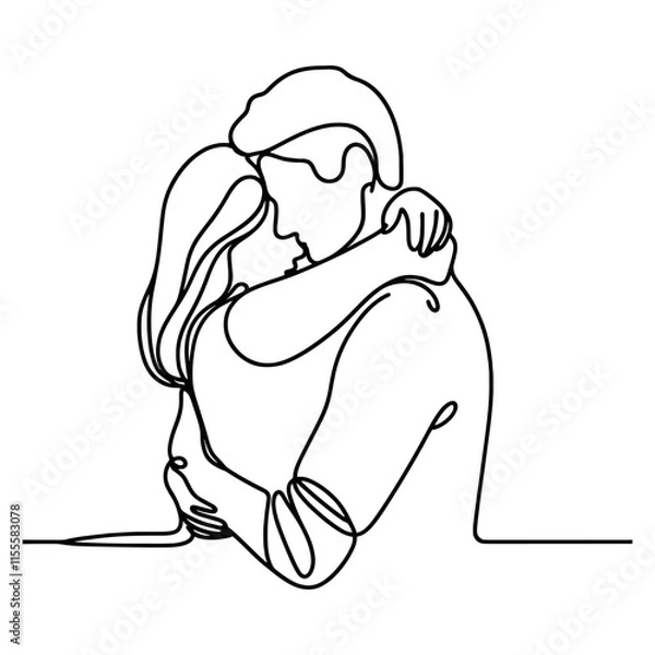 Fototapeta People embracing in continuous line art drawing style. One person giving the shoulder to another. Support and backing. Minimalist black linear sketch isolated on white background. Vector illustration