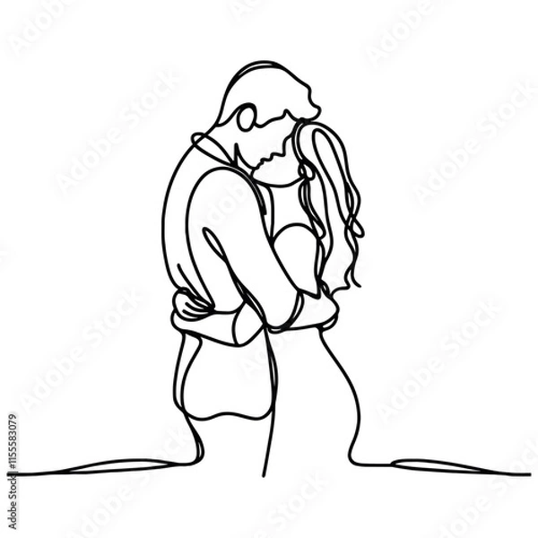 Fototapeta People embracing in continuous line art drawing style. One person giving the shoulder to another. Support and backing. Minimalist black linear sketch isolated on white background. Vector illustration