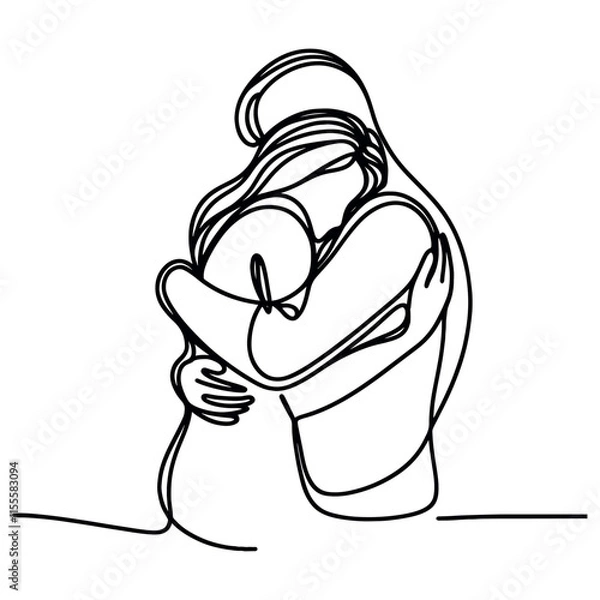 Fototapeta People embracing in continuous line art drawing style. One person giving the shoulder to another. Support and backing. Minimalist black linear sketch isolated on white background. Vector illustration