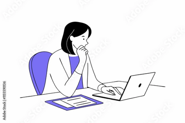 Fototapeta Thoughtful businesswoman with hand on chin sitting at desk and working at office
