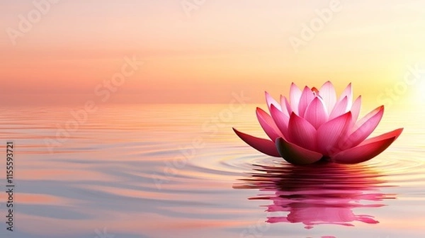 Fototapeta Serene Sunset: Pink Lotus Flower on Calm Water