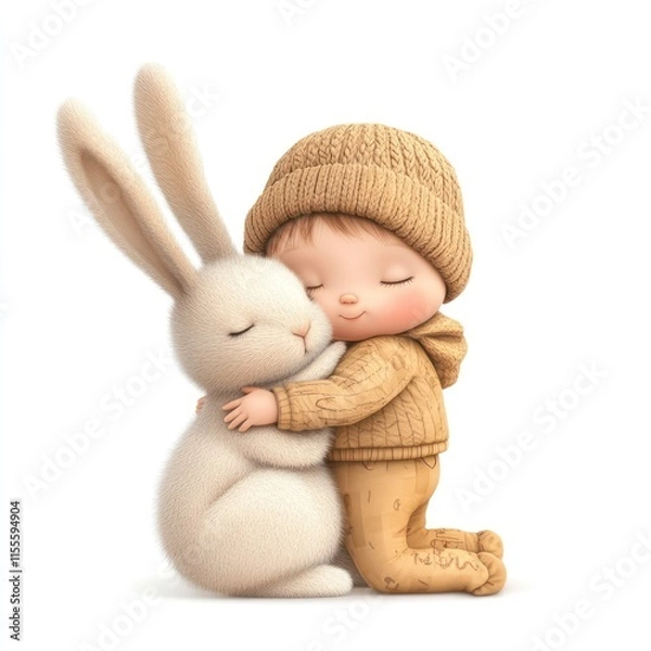 Fototapeta A baby hugging a plush bunny. vector style art 3d illustration Isolated on White Background