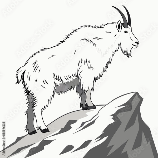 Obraz A stunning digital artwork of a mountain goat perched at the tip of a rugged mountain peak.