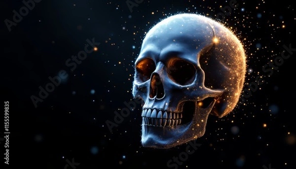 Obraz A glowing blue skull with sparkling details against a dark background.