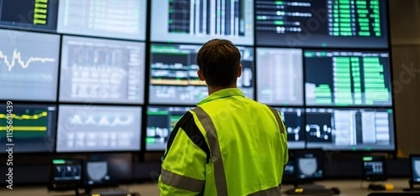 Obraz A person in a safety jacket monitors data on multiple screens in a control room.