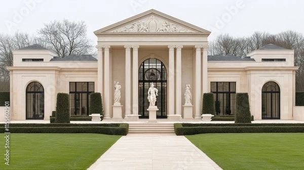 Fototapeta Neoclassical mansion with statues, columns, and manicured gardens.