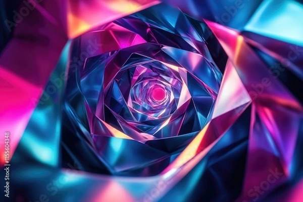 Fototapeta Abstract swirling iridescent polygonal tunnel, vibrant pink, blue, and purple hues create a mesmerizing vortex.