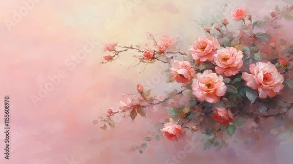 Obraz A delicate watercolor painting of a blossoming rose bush, showcasing vibrant pink roses and soft pastel hues.