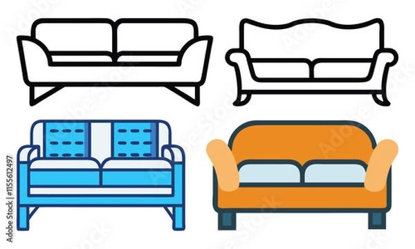 Fototapeta Sofa and Couch Icon Set in Vector Styles, A collection of four sofa and couch vector icons in both outline and colorful designs, perfect for furniture and interior design projects.
