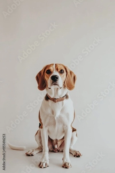 Fototapeta Beagle dog sitting on plain background in studio portrait