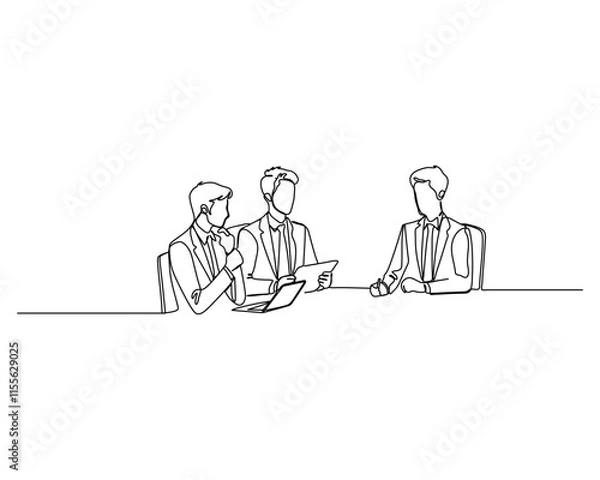 Fototapeta three business professionals sitting at a table, engaging in a discussion. Collaborative and communicative business setting concept. Line drawing illustration desing