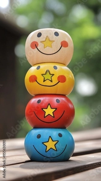 Fototapeta Colorful wooden stacked smiley faces with star decorations on outdoor bench create cheerful mood composition, perfect for concepts of happiness and positivity in childhood.