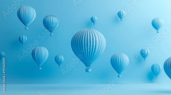 Fototapeta Hot air balloons floating on a minimalist blue background representing freedom and adventure