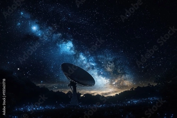Fototapeta A stunning night sky filled with stars and the Milky Way, featuring a large satellite dish silhouetted against the cosmic backdrop.