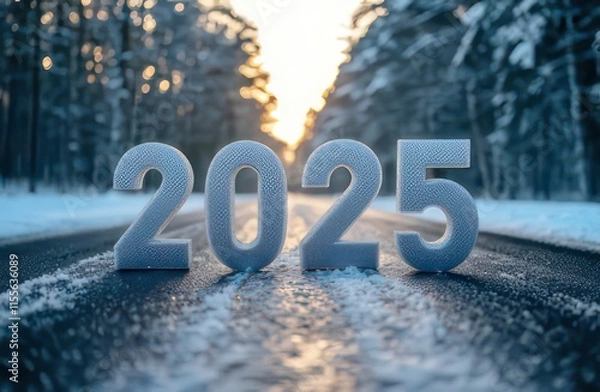 Fototapeta Snowy road scene featuring the year 2025, symbolizing new beginnings and future aspirations.
