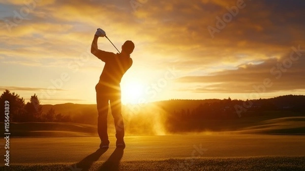 Fototapeta A silhouette of a golfer in mid-swing against a sunset backdrop with a golf course and distant hills visible