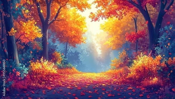 Fototapeta Colorful Autumn Forest Path, Ideal for Nature Enthusiasts