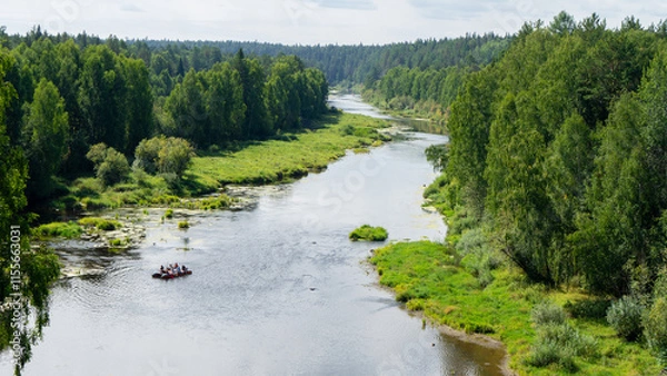 Fototapeta Rafting on Chusovaya river against background of coniferous trees and greenery on sunny summer day, Ural, Sverdlovsk region, Russia