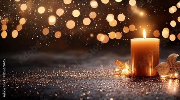 Fototapeta Warm relaxing candle glow amidst golden bokeh lights cozy home setting serene atmosphere close-up view for ultimate calmness