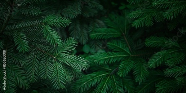Fototapeta Christmas Banner with a background of thick, dark green Christmas tree branches. The background has a wintery feel, perfect for holiday flyers or social media posts.
