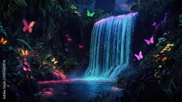 Fototapeta Enchanted Waterfall in a Lush Rainforest