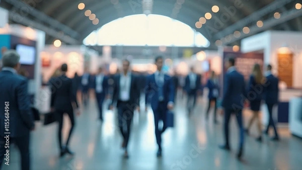 Fototapeta Blurred abstract people in expo event trade show exhibition hall. Business convention or job fair. Business concept background, 16:9 widescreen, 300 dpi, with free space for text
