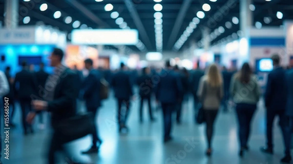 Fototapeta Blurred abstract people in expo event trade show exhibition hall. Business convention or job fair. Business concept background, 16:9 widescreen, 300 dpi, with free space for text