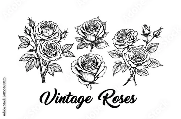 Fototapeta Vintage Engraving Roses Bouquets with Buds Vector Set in Black and White for Tattoo Design, Generaive AI