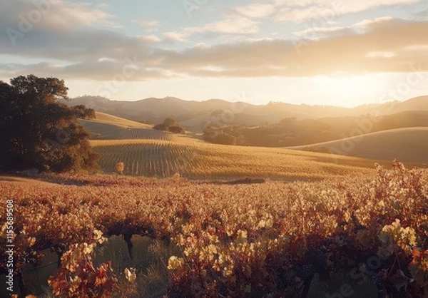Fototapeta Serene Sunrise Over Rolling Vineyard Landscape with Golden Light Casting Shadows on Grapevines and Hills in Autumn Season
