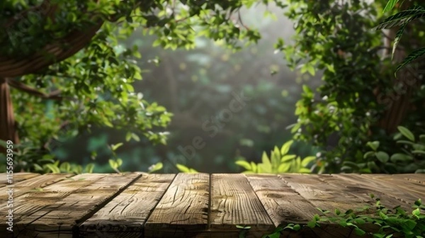 Fototapeta Serene Wooden Surface Surrounded by Lush Greenery in Forest Setting