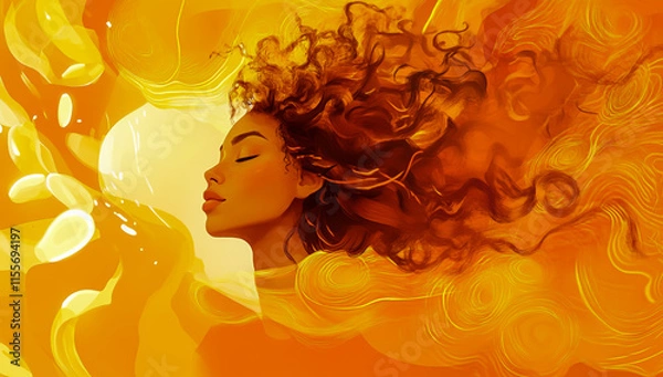 Fototapeta A beautiful woman with curly hair floats in the air, surrounded by golden clouds and abstract shapes, presented in a figure style.