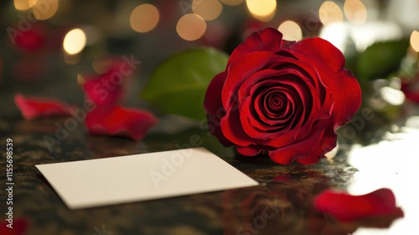 Fototapeta beautiful red rose with petals and blank card on table, creating romantic atmosphere. soft bokeh lights in background enhance mood of love and affection