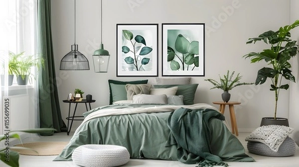 Fototapeta Cozy Modern Bedroom with Green Decor and Plant Artwork