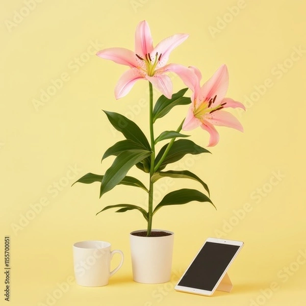 Obraz Pink lilies in pot with mug and tablet on yellow background.