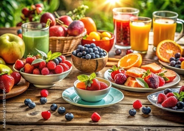 Fototapeta Retro kitchen setting: sunlit fruit bowl overflows with colorful, juicy delights.