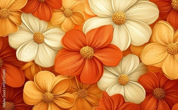 Fototapeta Vibrant and Colorful Floral Background with Orange, Yellow and Cream Flowers, Perfect for Spring or Summer Themed Designs and Nature Inspired Projects